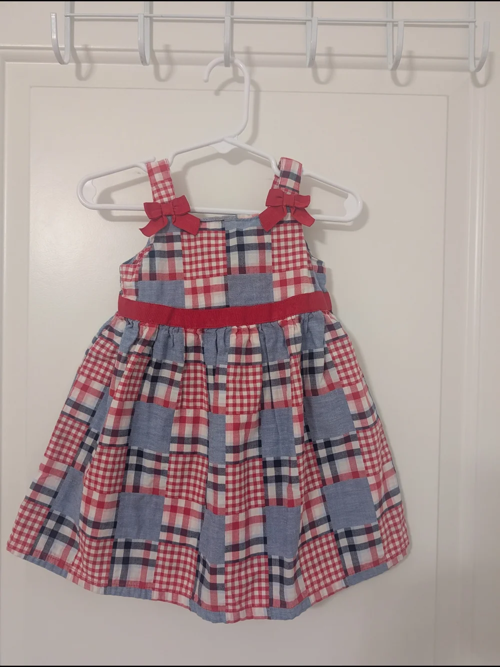 Gymboree Outlet Girls 18-24M Red Blue Patchwork Plaid Bow Dress Patriotic